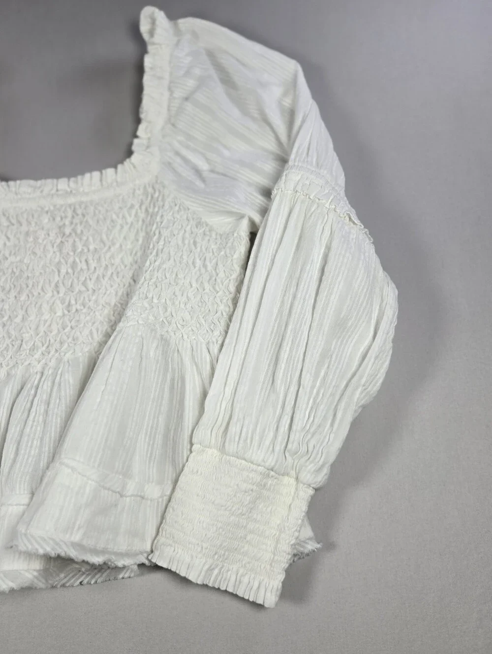 Anthropologie White Smocked Puff Sleeve Babydoll Blouse Peplum Top Gauze XL